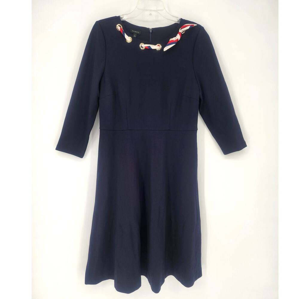 Talbots Navy Fit & Flare Dress w/ Grommet Scarf Detail Size 8